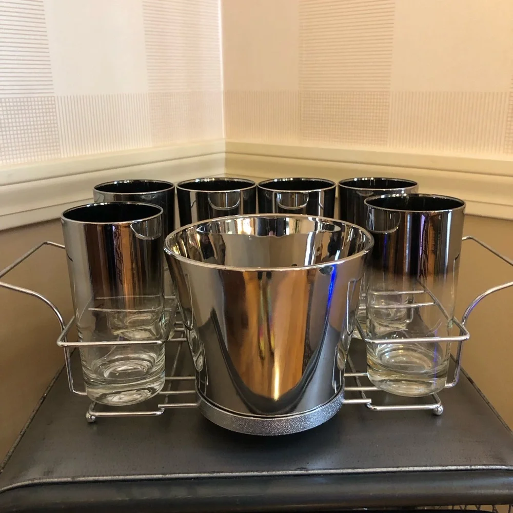 Queen’s lusterware Drinkware Set 6 glasses /ice bucket /carrier vintage MCM